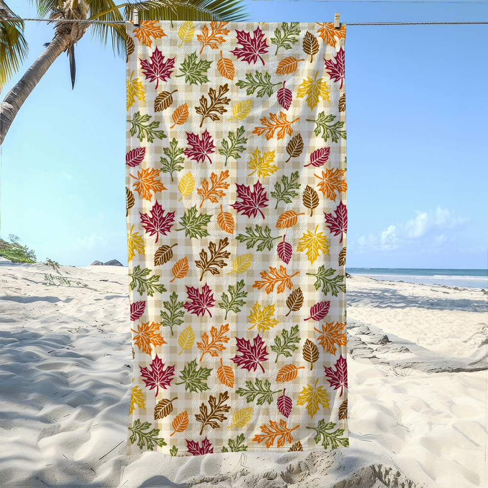 Beach Towel – Sun Drenched Fall Leaves on Classic Cream Plaid Background