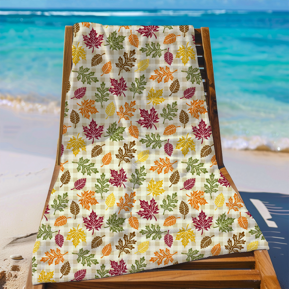 Beach Towel – Sun Drenched Fall Leaves on Classic Cream Plaid Background