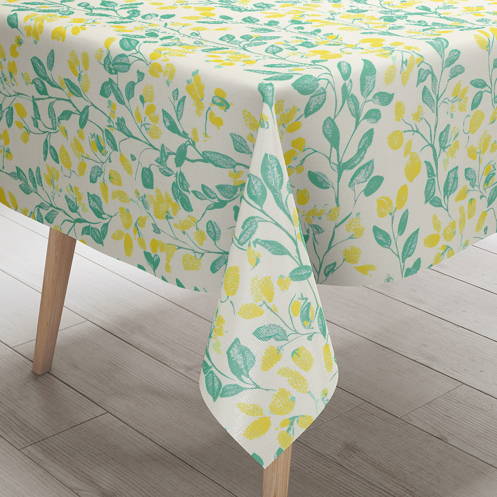 Tablecloth – Cheerful Lemon Yellow and Green Leaf Pattern for Morning Coffee