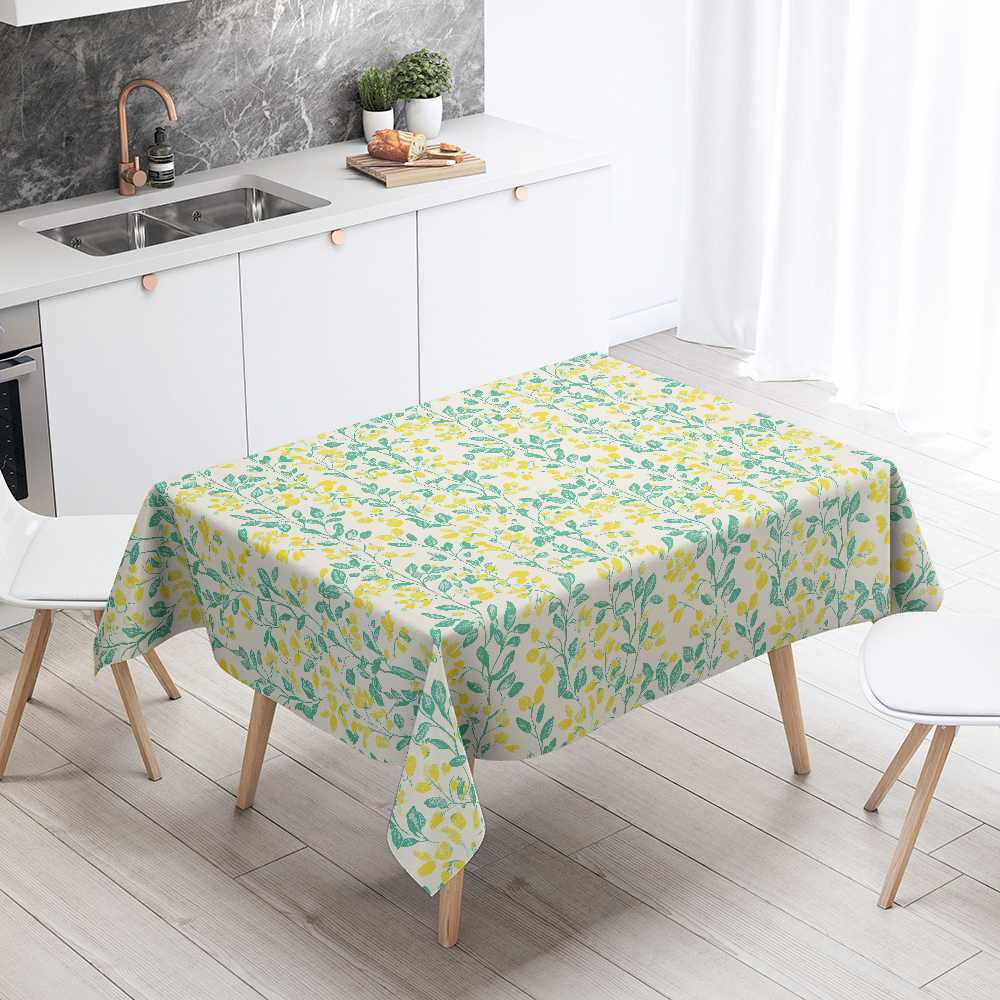Tablecloth – Cheerful Lemon Yellow and Green Leaf Pattern for Morning Coffee