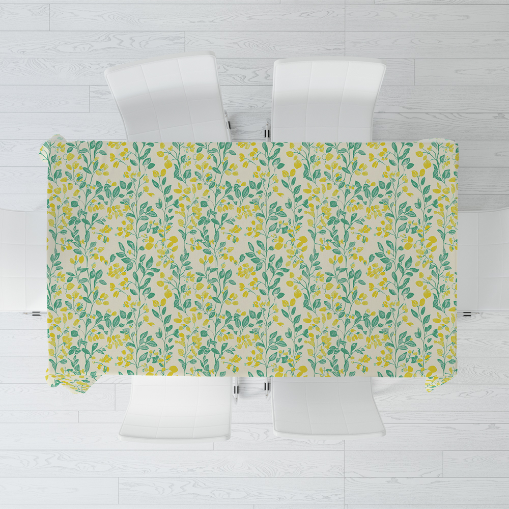 Tablecloth – Cheerful Lemon Yellow and Green Leaf Pattern for Morning Coffee