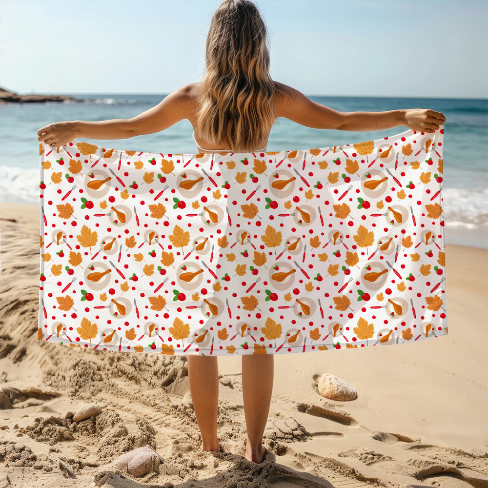 Beach Towel – Classic Thanksgiving Feast Pattern with Turkey and Pumpkin Pie