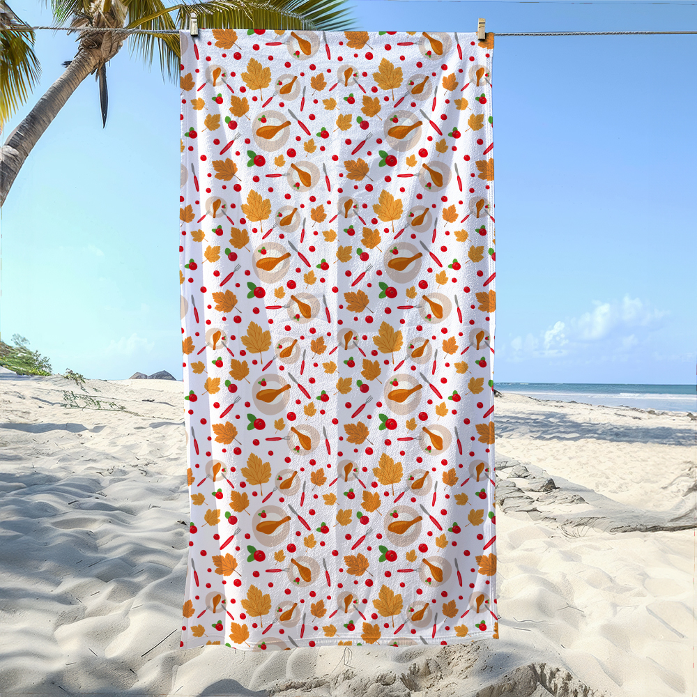 Beach Towel – Classic Thanksgiving Feast Pattern with Turkey and Pumpkin Pie