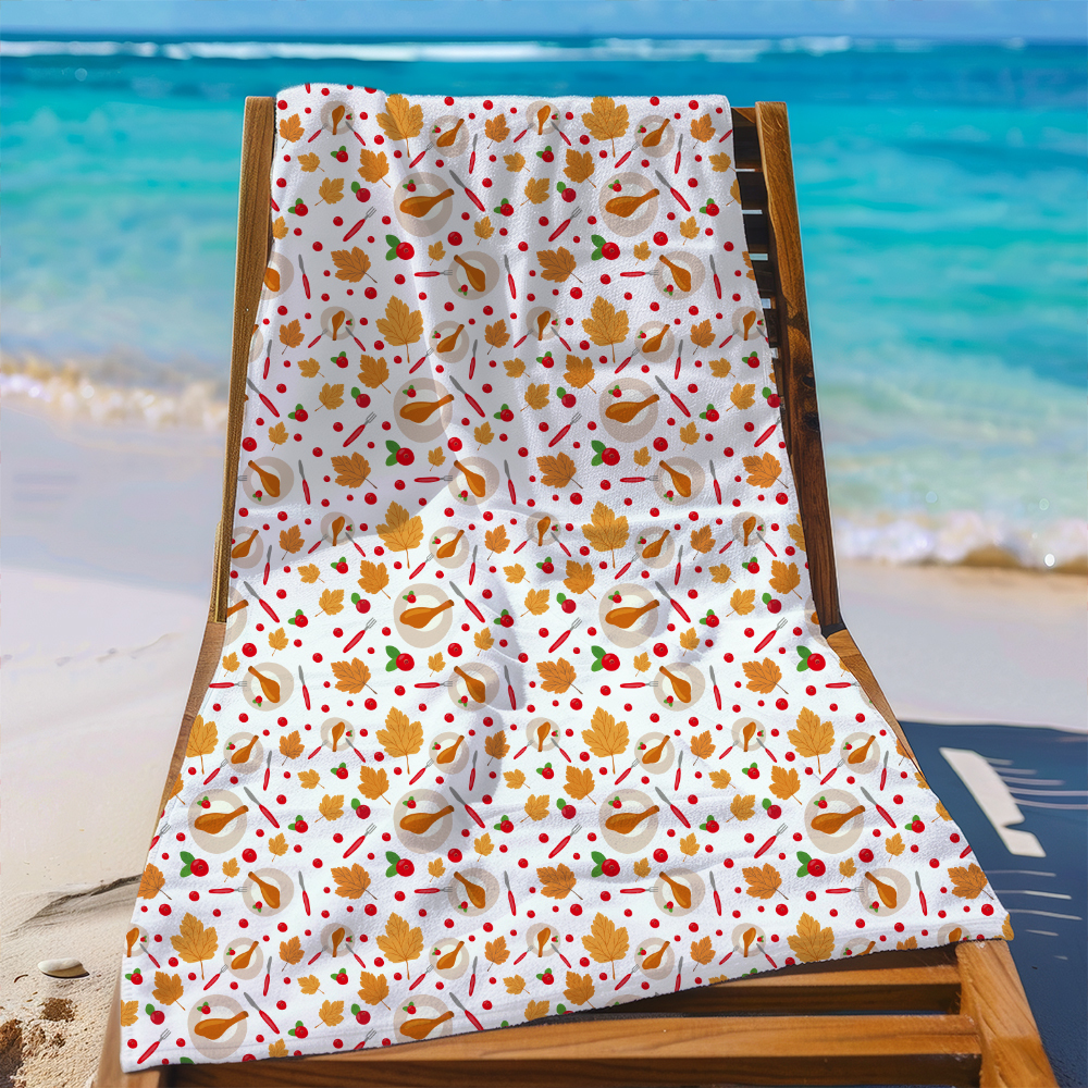 Beach Towel – Classic Thanksgiving Feast Pattern with Turkey and Pumpkin Pie