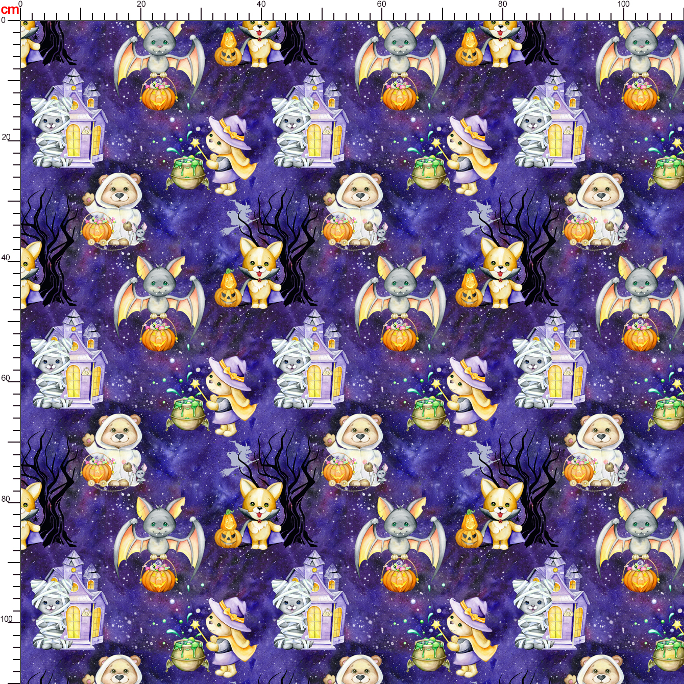 Watercolor Halloween Animals & Haunted Palace Pattern – Custom Print Fabrics