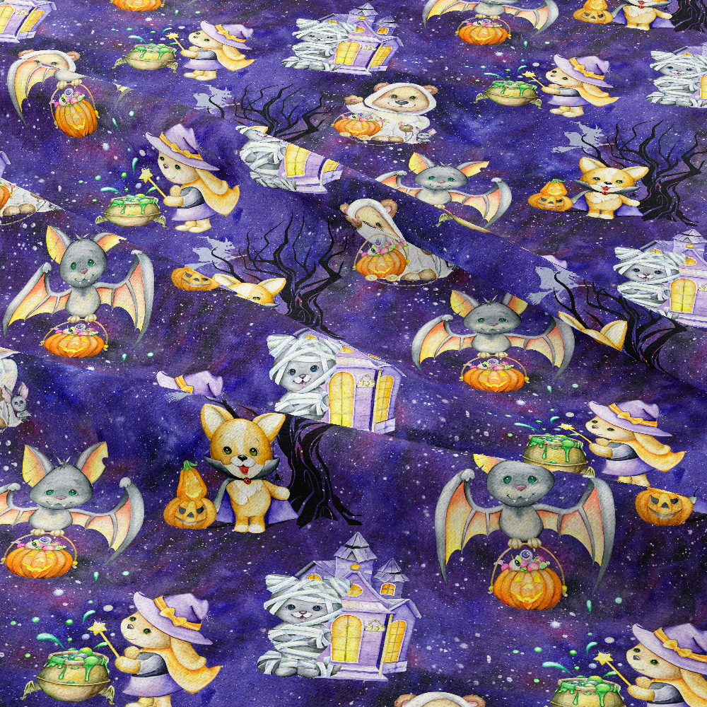 Watercolor Halloween Animals & Haunted Palace Pattern – Custom Print Fabrics