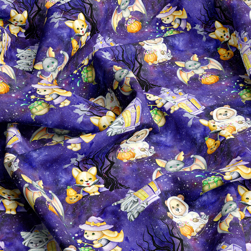 Watercolor Halloween Animals & Haunted Palace Pattern – Custom Print Fabrics