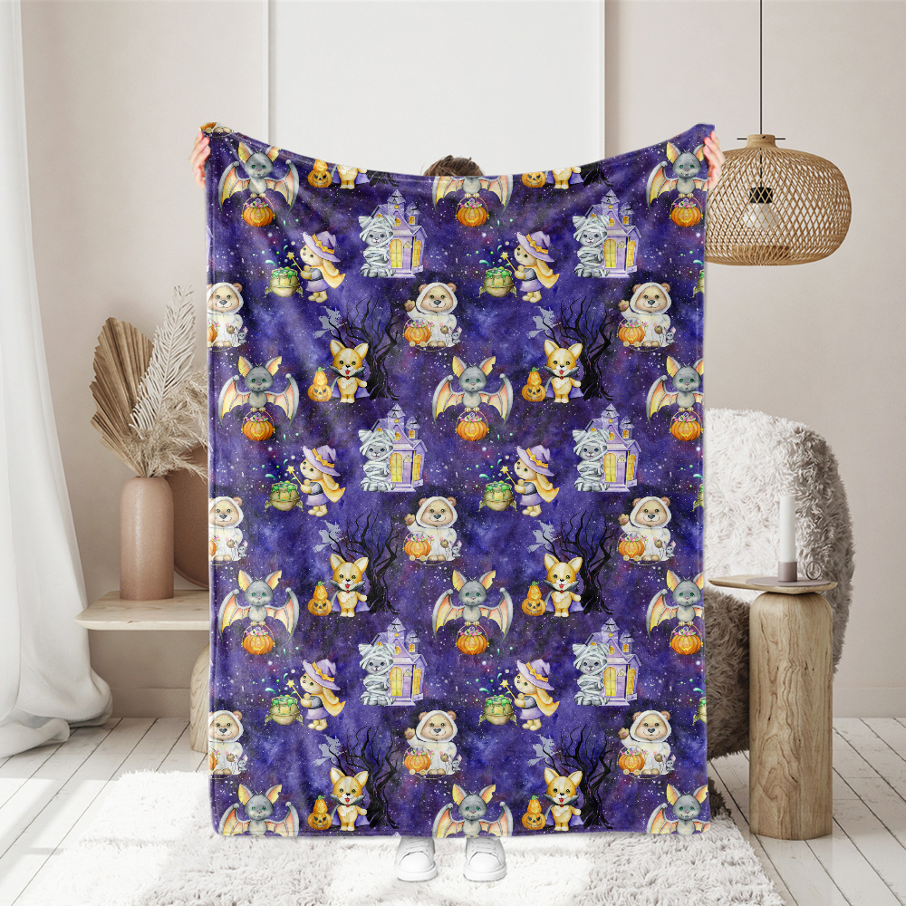 Watercolor Halloween Animals & Haunted Palace Pattern – Custom Print Fabrics
