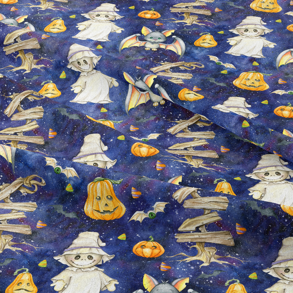 Watercolor Halloween Pumpkin and Bat Pattern – Custom Print Fabrics