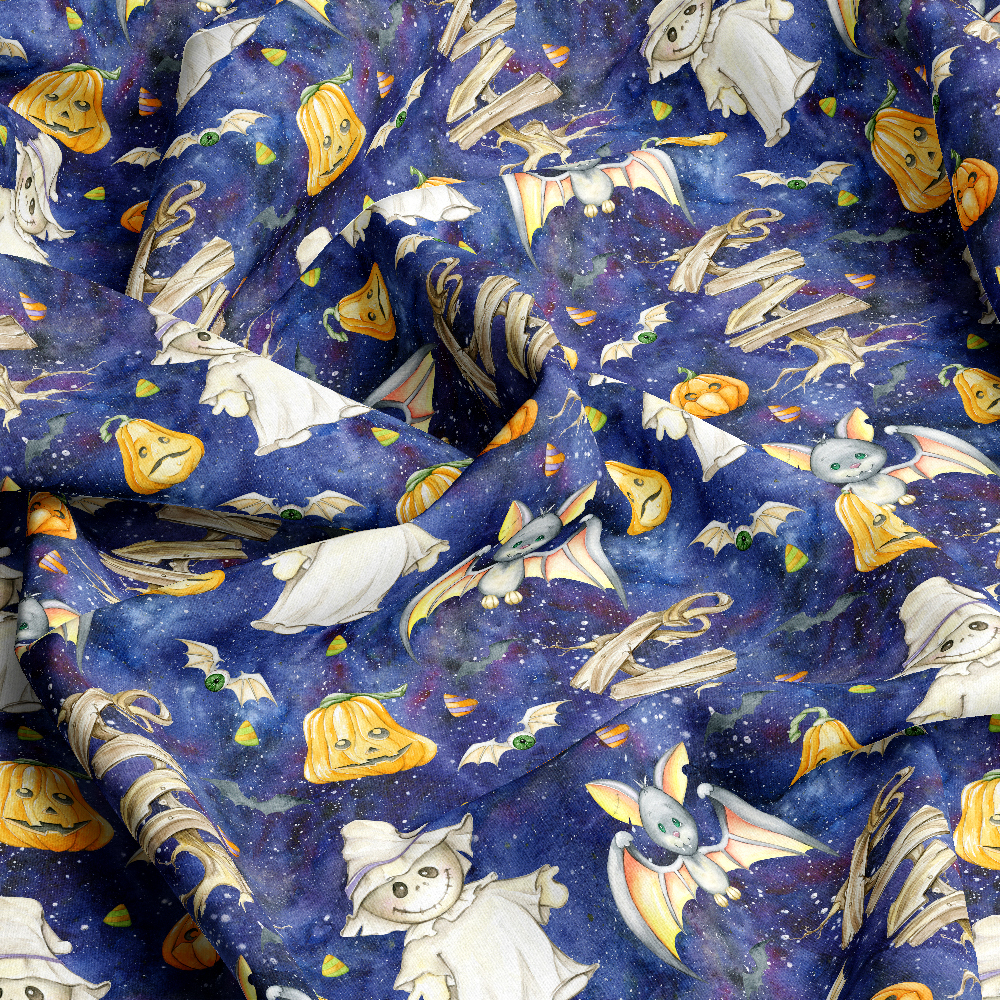 Watercolor Halloween Pumpkin and Bat Pattern – Custom Print Fabrics