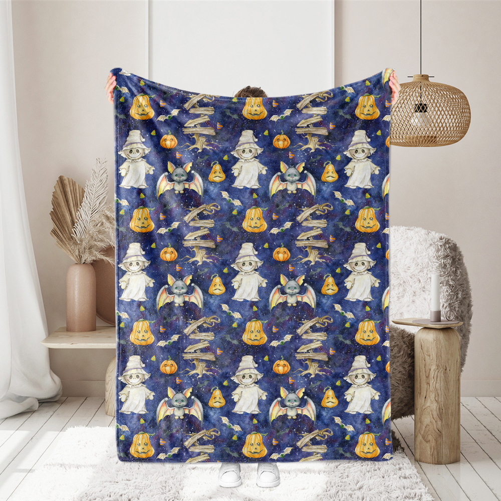 Watercolor Halloween Pumpkin and Bat Pattern – Custom Print Fabrics