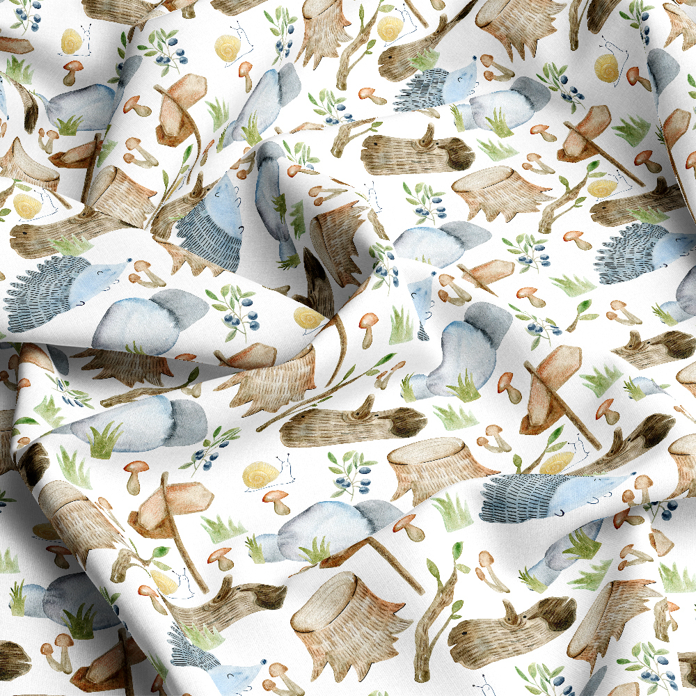 Watercolor Forest Hedgehog & Wildlife Pattern – Custom Fabrics