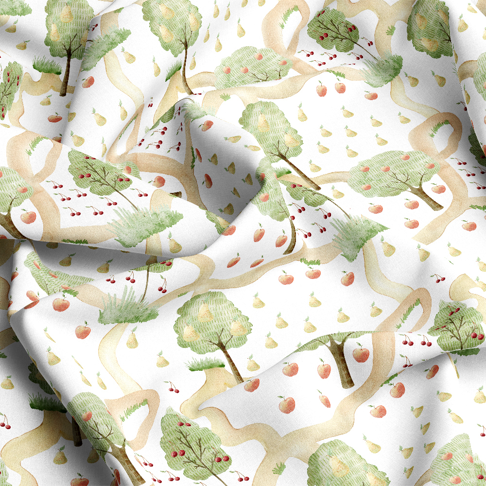 Watercolor Fruit Tree Pattern – Custom Botanical Print Fabrics