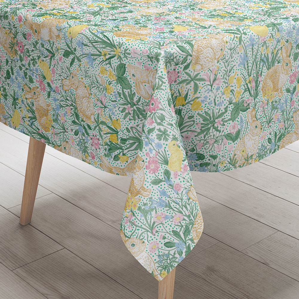 Tablecloth – Classic Heritage Garden Pattern featuring Rabbits and Spring Chicks