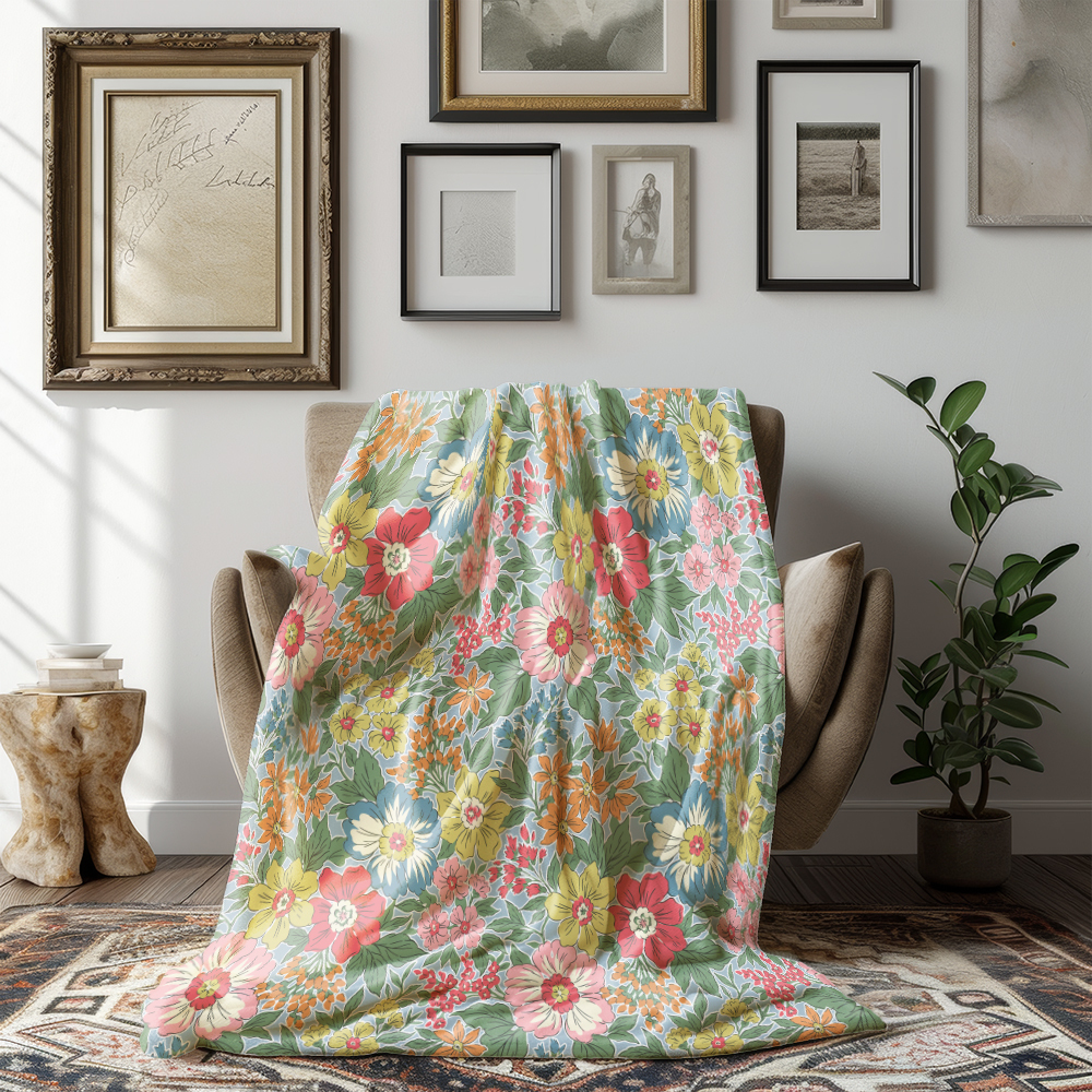 Throw Blanket – Enchanted Evening Blooms and White Bunnies on Indigo Background
