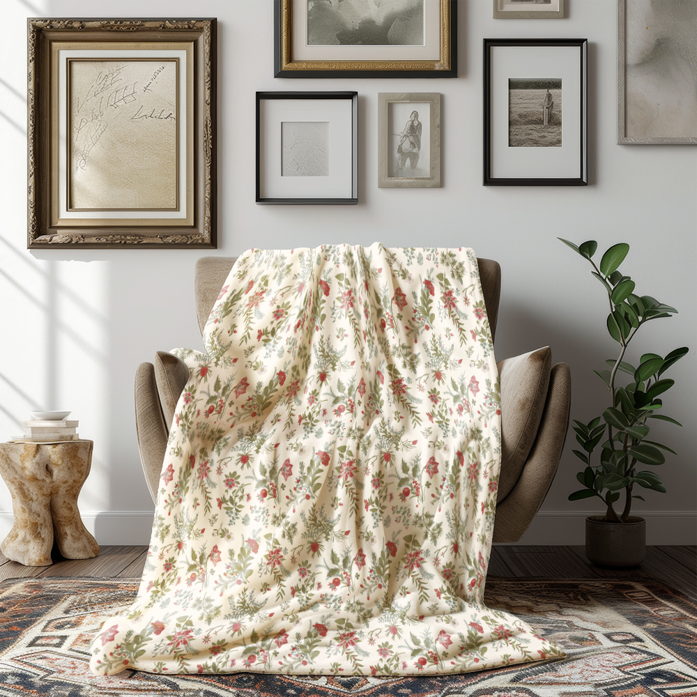 Throw Blanket – Ornate Christmas Garland Design with Lush Greenery and Red Accents