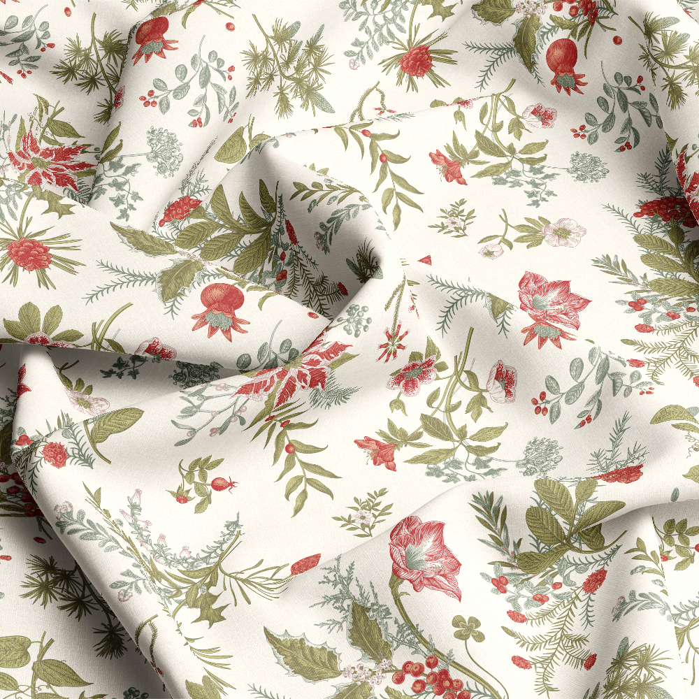 Classic Christmas Winter Flora Fabric – Red & Green Textiles