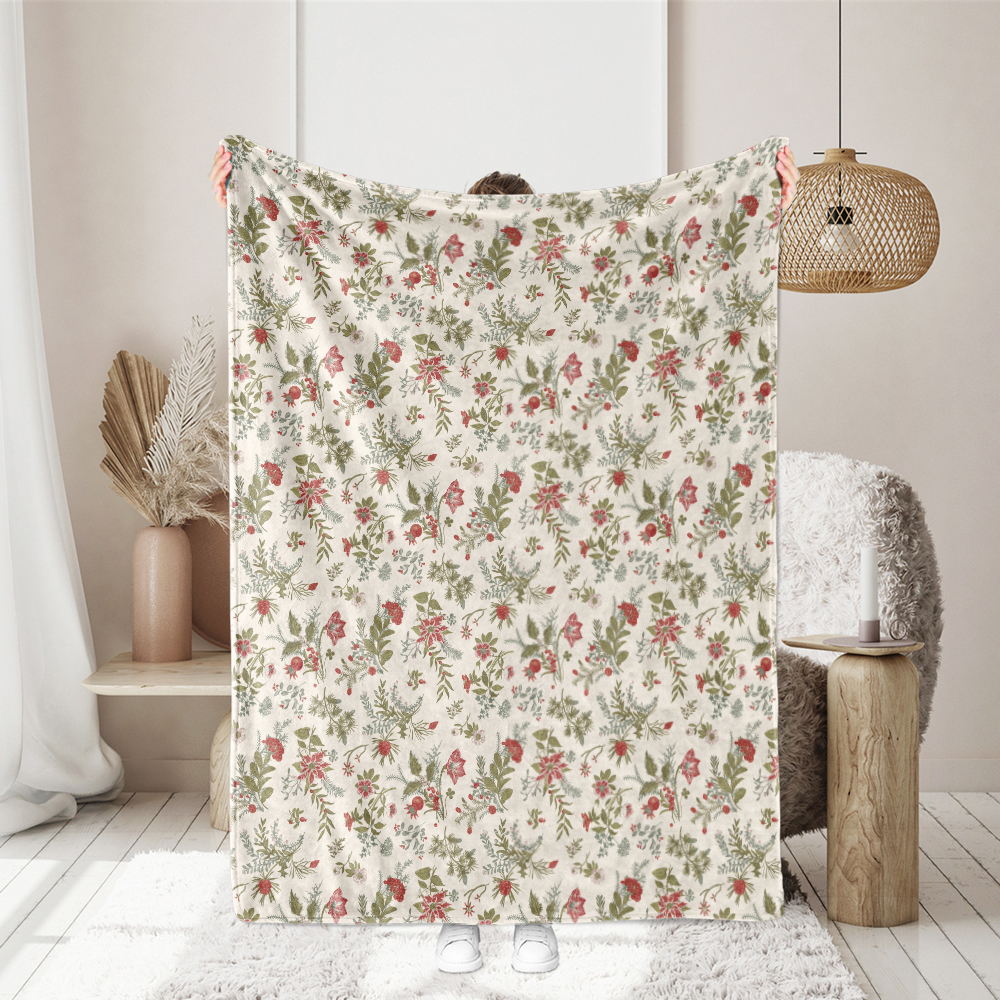 Throw Blanket – Ornate Christmas Garland Design with Lush Greenery and Red Accents