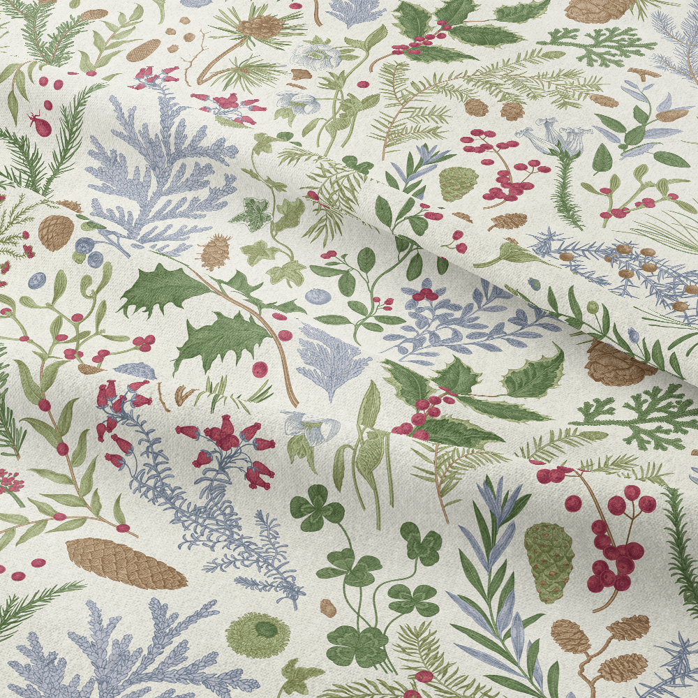 Vintage Christmas Botanical Fabric | Winter Herbarium Print