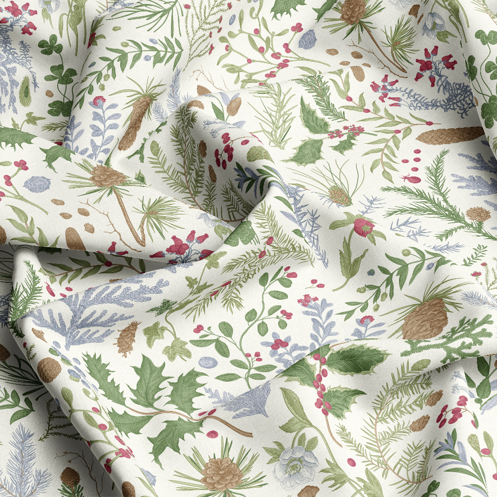 Vintage Christmas Botanical Fabric | Winter Herbarium Print