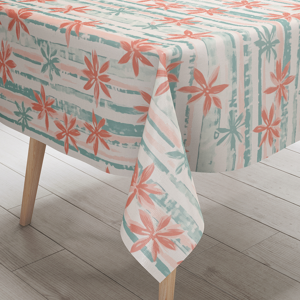 Tablecloth – Elegant Vertical Stripe Table Cover with Mint and Coral Blooms