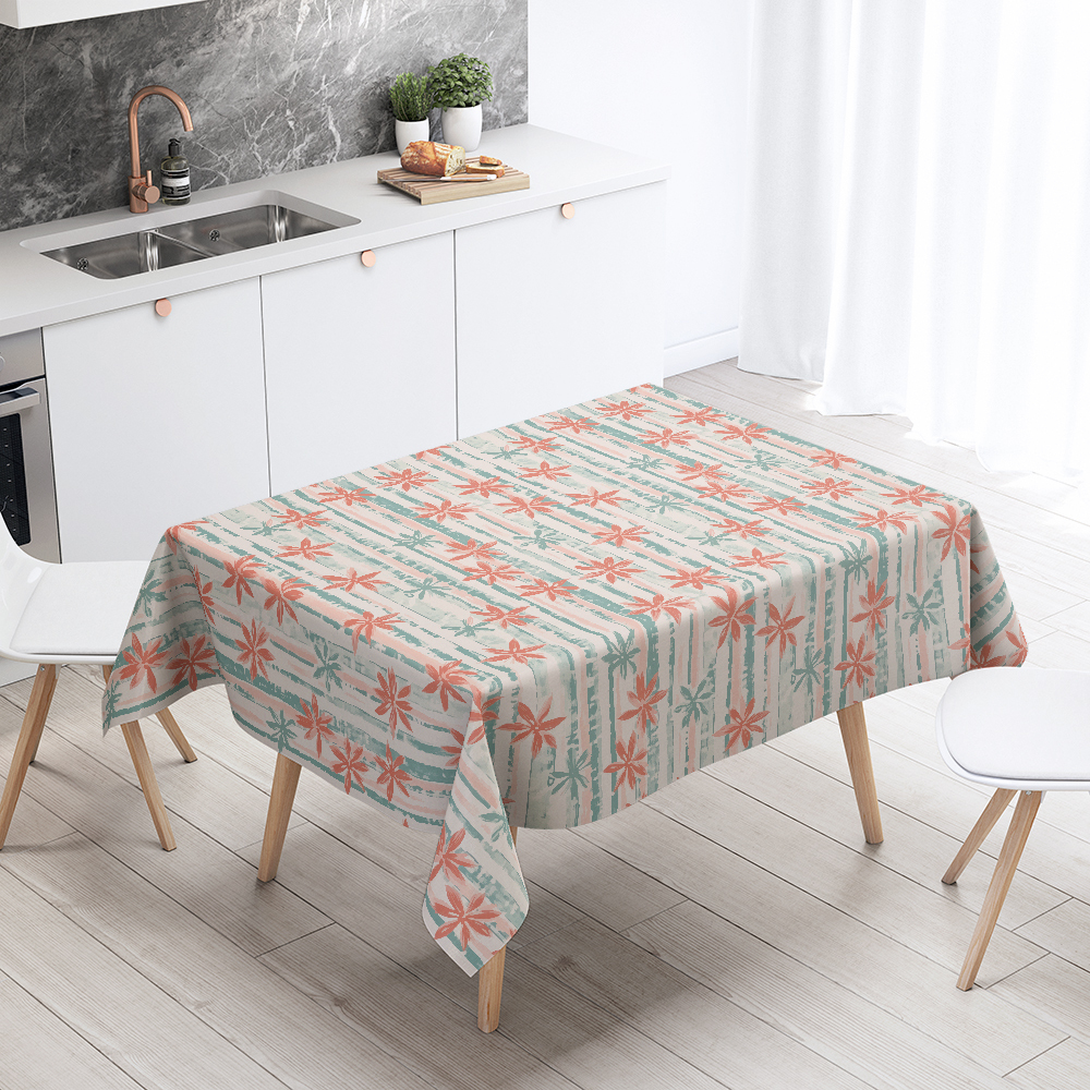 Tablecloth – Elegant Vertical Stripe Table Cover with Mint and Coral Blooms