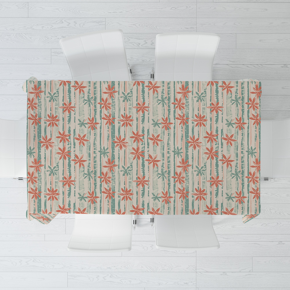 Tablecloth – Elegant Vertical Stripe Table Cover with Mint and Coral Blooms