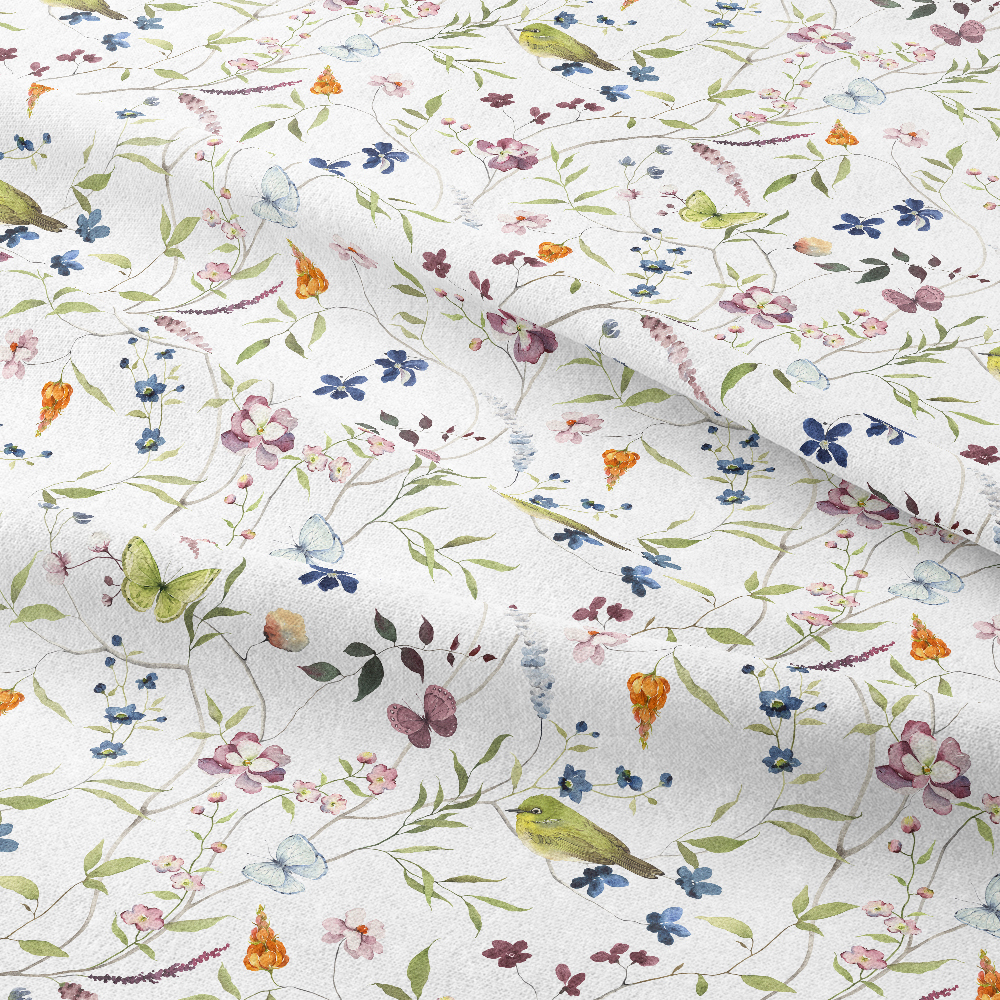 Japanese White-eye & Ume Blossom Watercolor – Custom Chinoiserie Fabrics