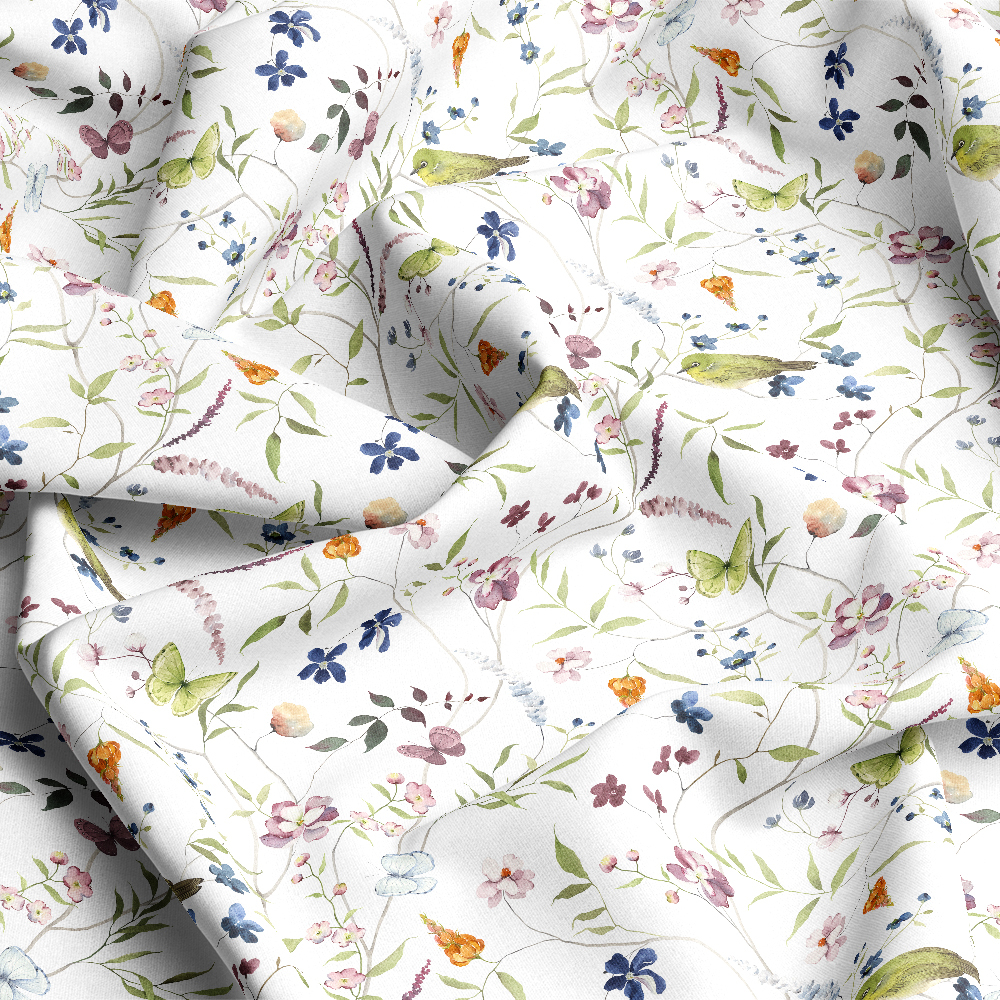 Japanese White-eye & Ume Blossom Watercolor – Custom Chinoiserie Fabrics