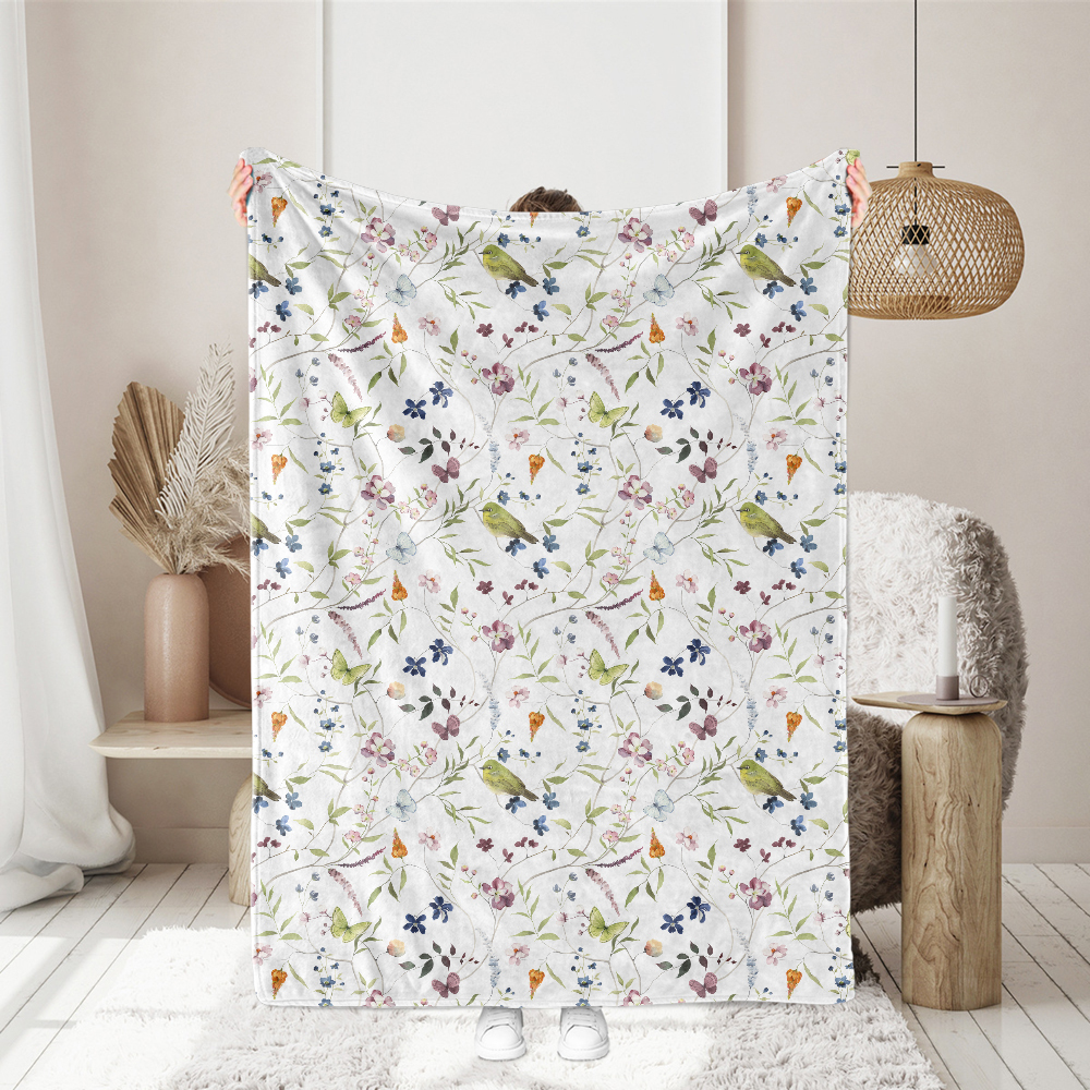 Japanese White-eye & Ume Blossom Watercolor – Custom Chinoiserie Fabrics