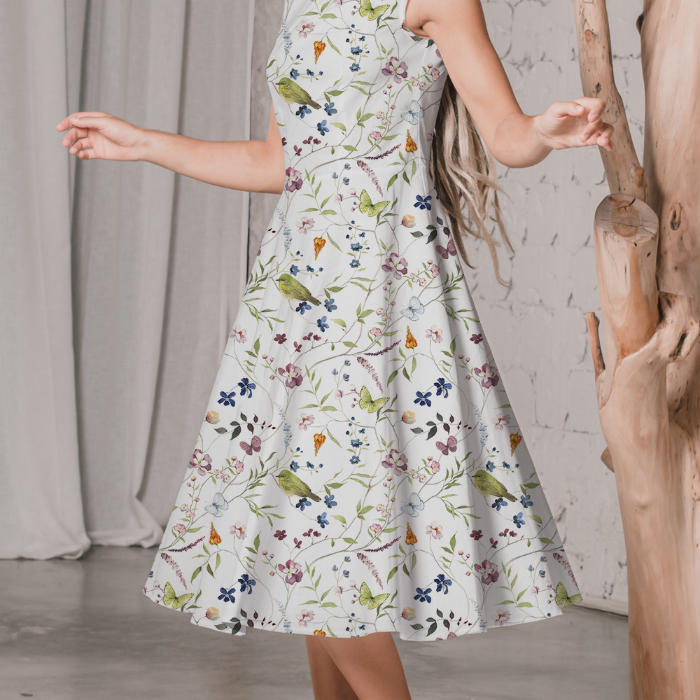 Japanese White-eye & Ume Blossom Watercolor – Custom Chinoiserie Fabrics