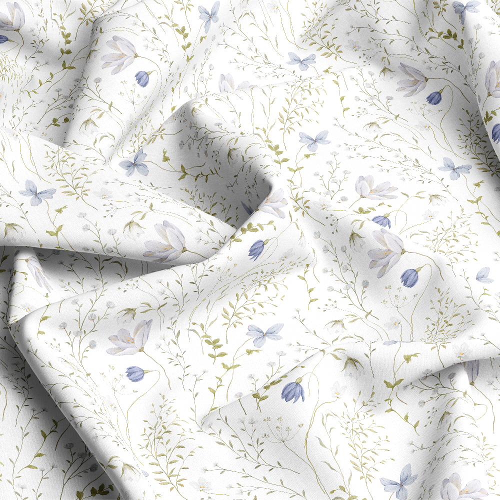 Delicate Blue & White Wildflower Watercolor – Custom Print Fabrics