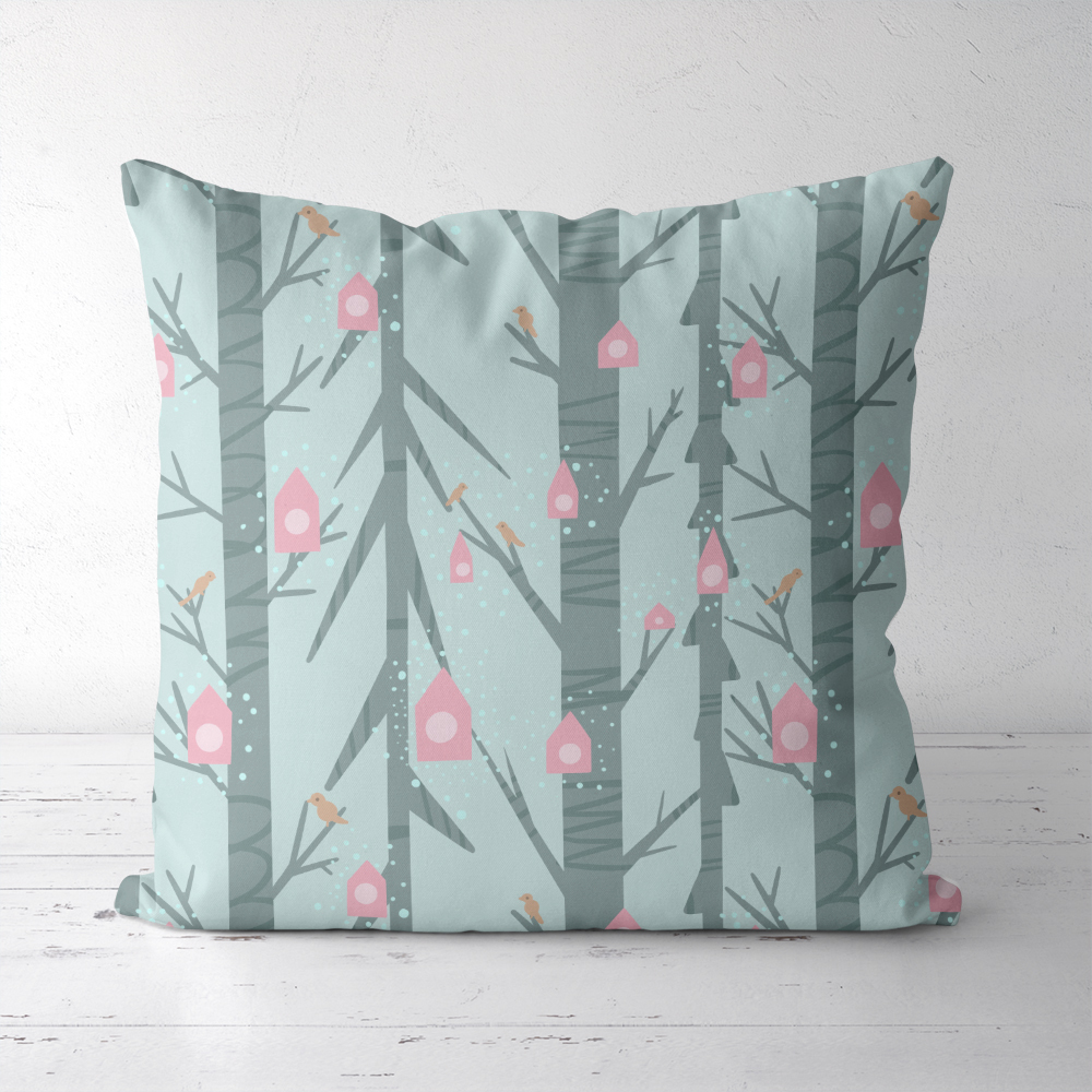 Throw Pillow – Creeping Botanical Pink Birdhouse Garden