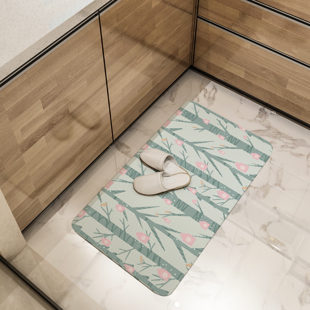 Kitchen Floor Mats – Creeping Botanical Pink Birdhouse Garden
