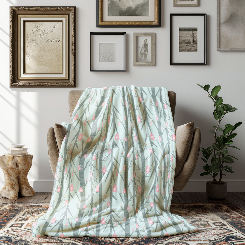 Throw Blanket – Creeping Botanical Pink Birdhouse Garden