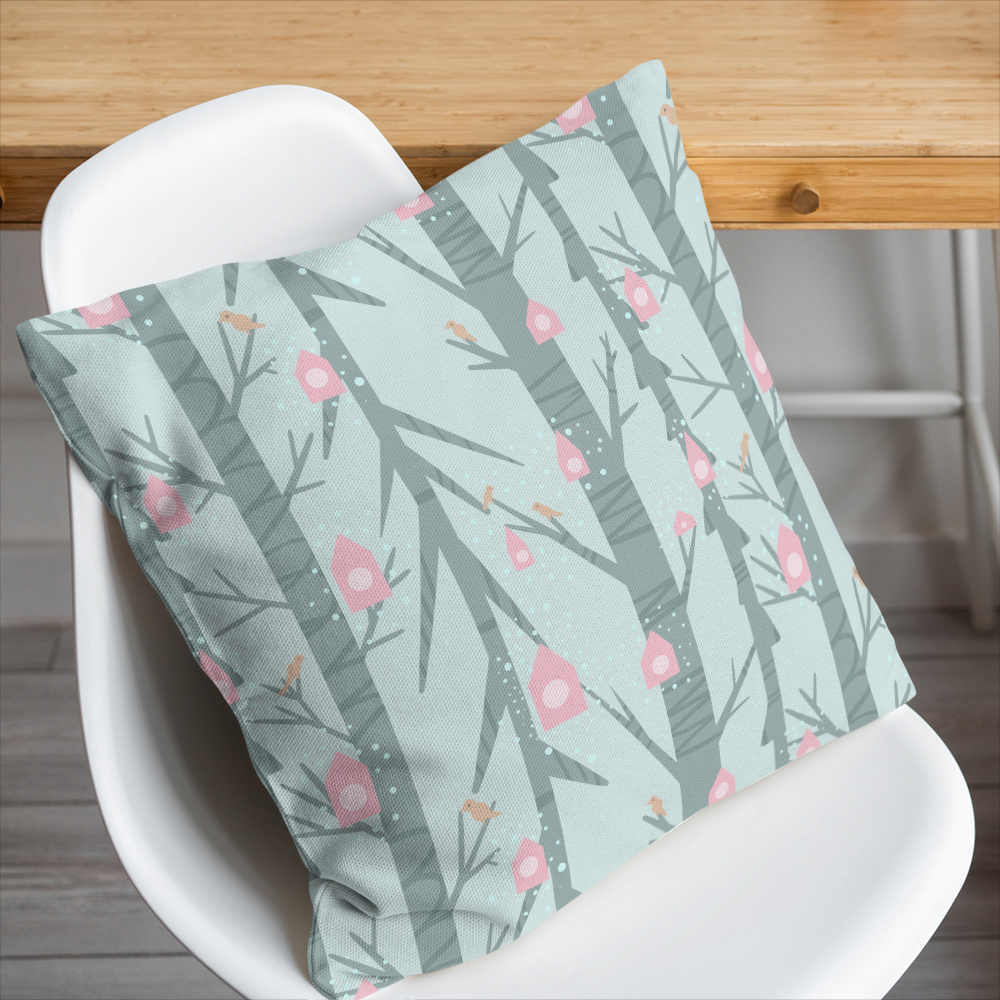 Throw Pillow – Creeping Botanical Pink Birdhouse Garden