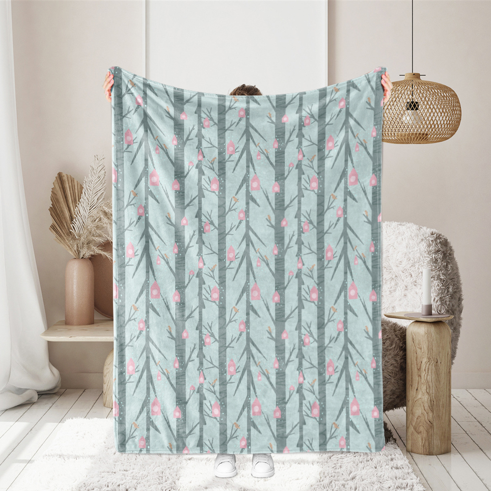 Throw Blanket – Creeping Botanical Pink Birdhouse Garden