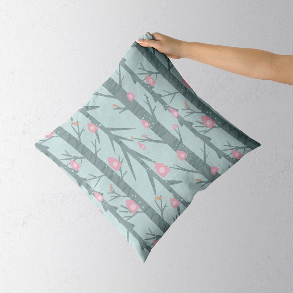 Throw Pillow – Creeping Botanical Pink Birdhouse Garden