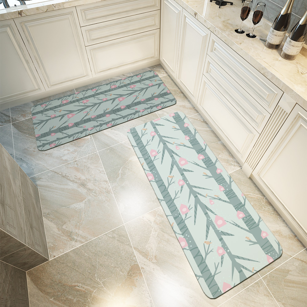 Kitchen Floor Mats – Creeping Botanical Pink Birdhouse Garden