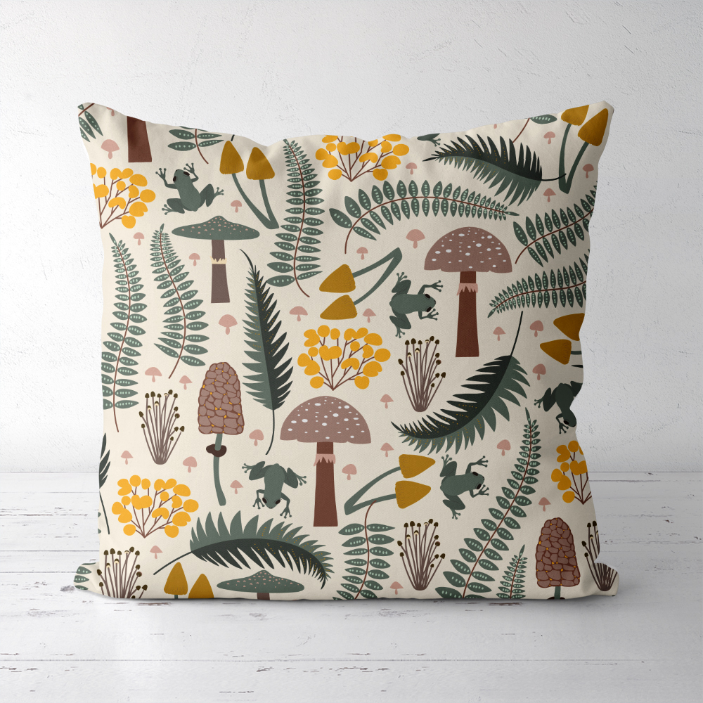 Throw Pillow – Forest Frog & Mushroom Woodland Print