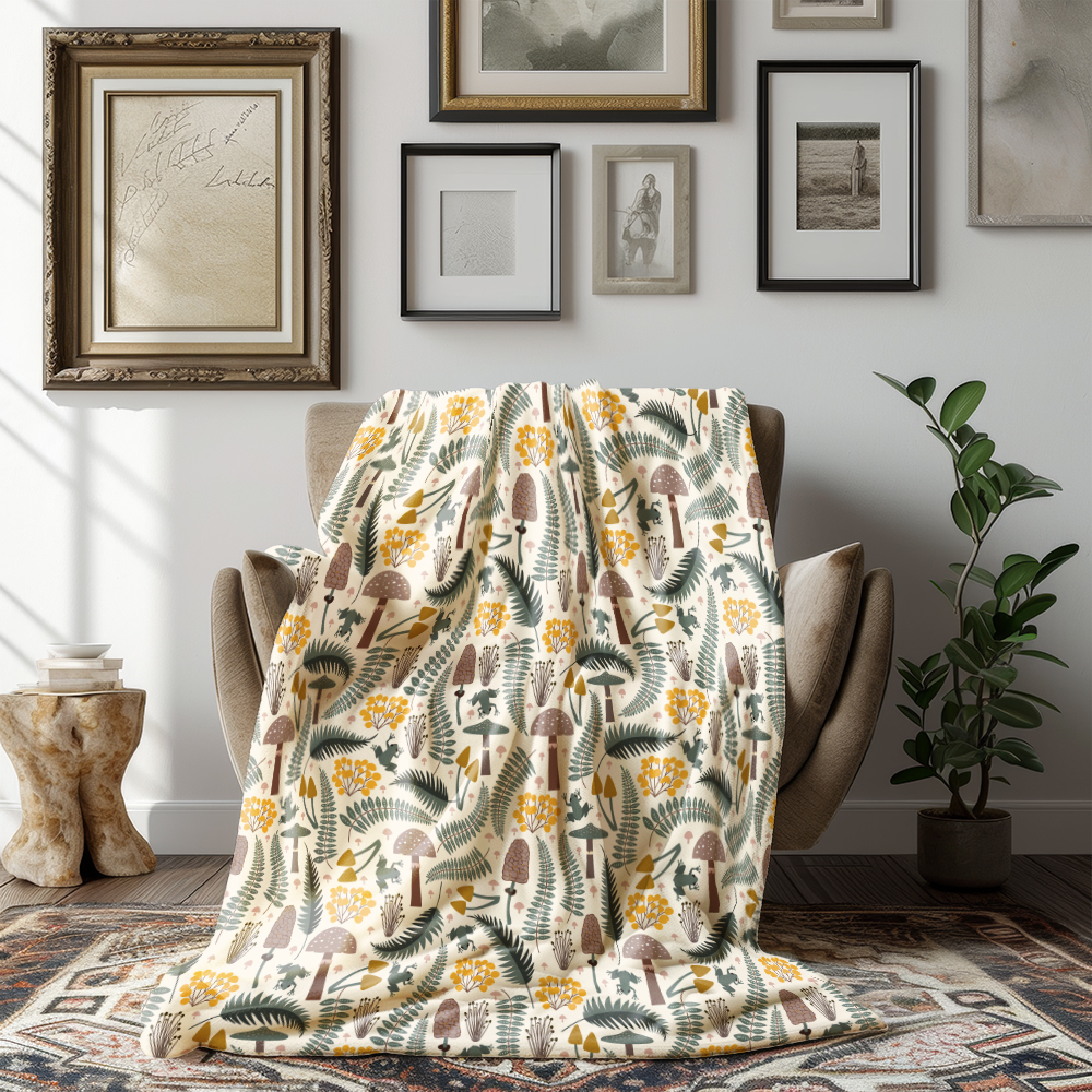 Throw Blanket – Forest Frog & Mushroom Woodland Print