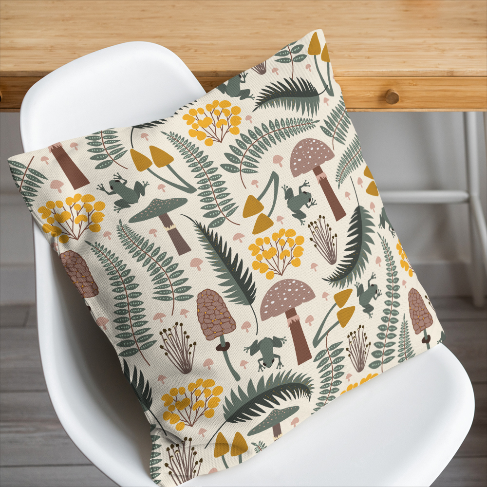 Throw Pillow – Forest Frog & Mushroom Woodland Print