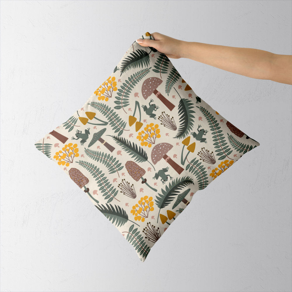 Throw Pillow – Forest Frog & Mushroom Woodland Print
