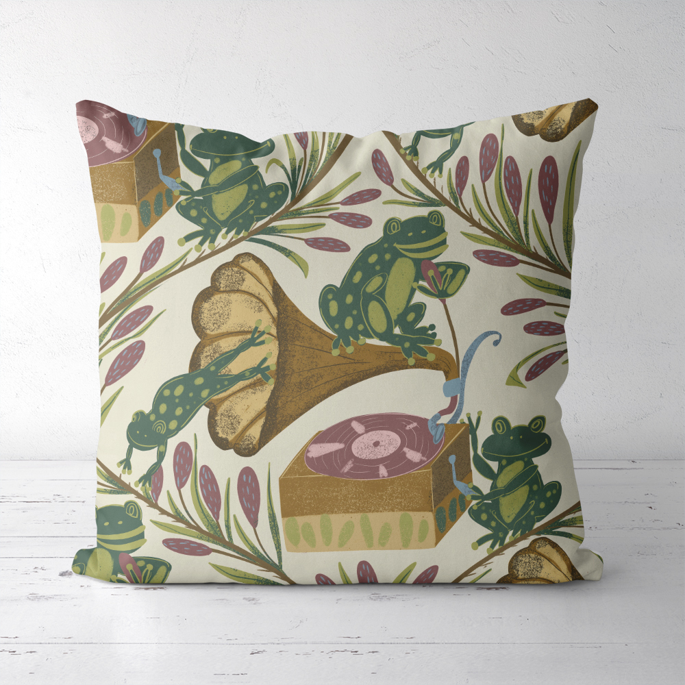Throw Pillow – Whimsical Musical Frog Band Cattail Meadow