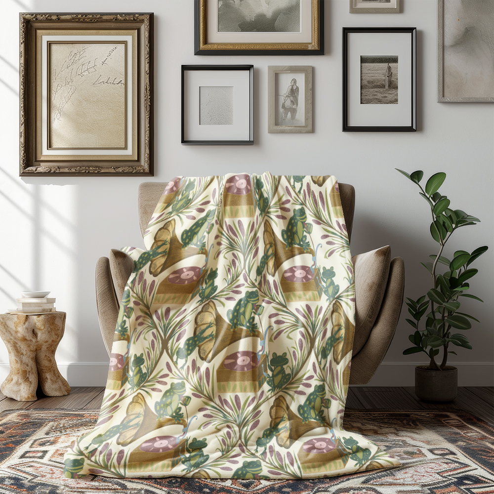 Throw Blanket – Whimsical Musical Frog Band Cattail Meadow