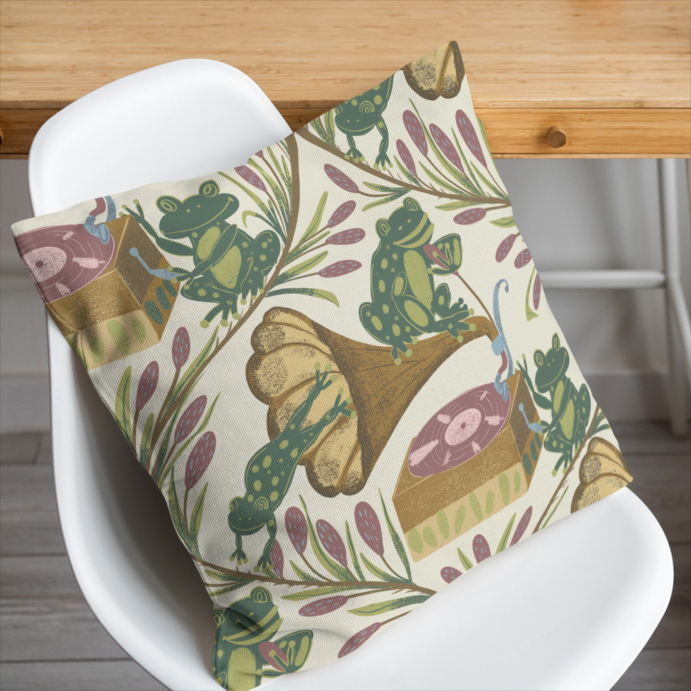 Throw Pillow – Whimsical Musical Frog Band Cattail Meadow