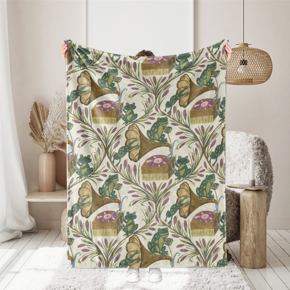 Throw Blanket – Whimsical Musical Frog Band Cattail Meadow