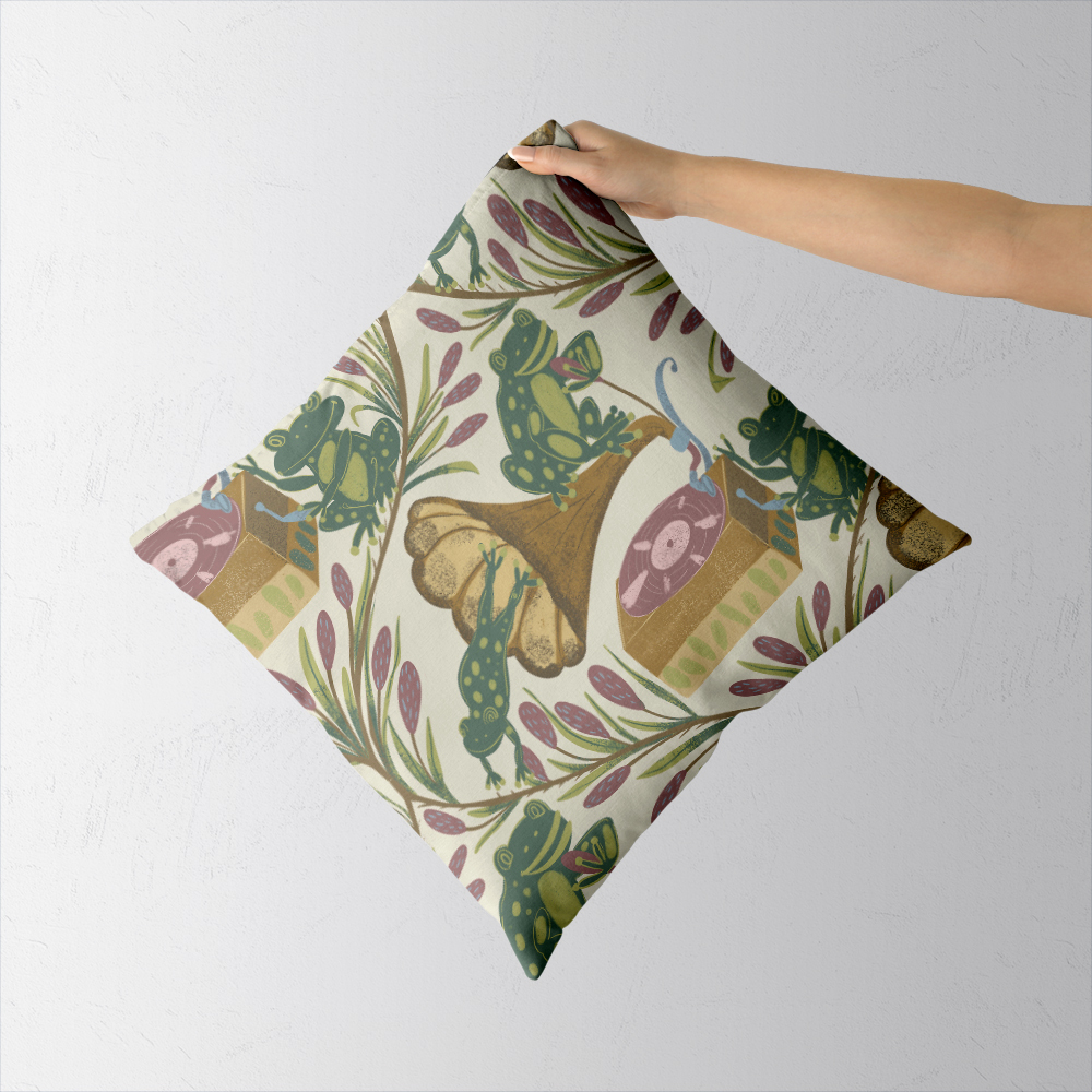 Throw Pillow – Whimsical Musical Frog Band Cattail Meadow