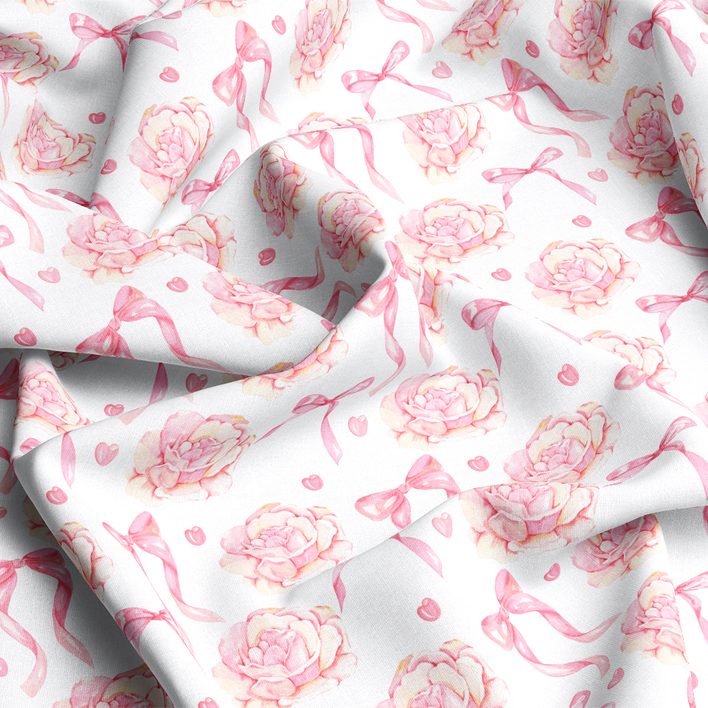 Light Red Bow and Flowers Seamless Watercolor Pattern - Custom Print Fabrics
