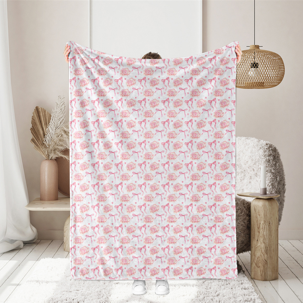 Light Red Bow and Flowers Seamless Watercolor Pattern - Custom Print Fabrics